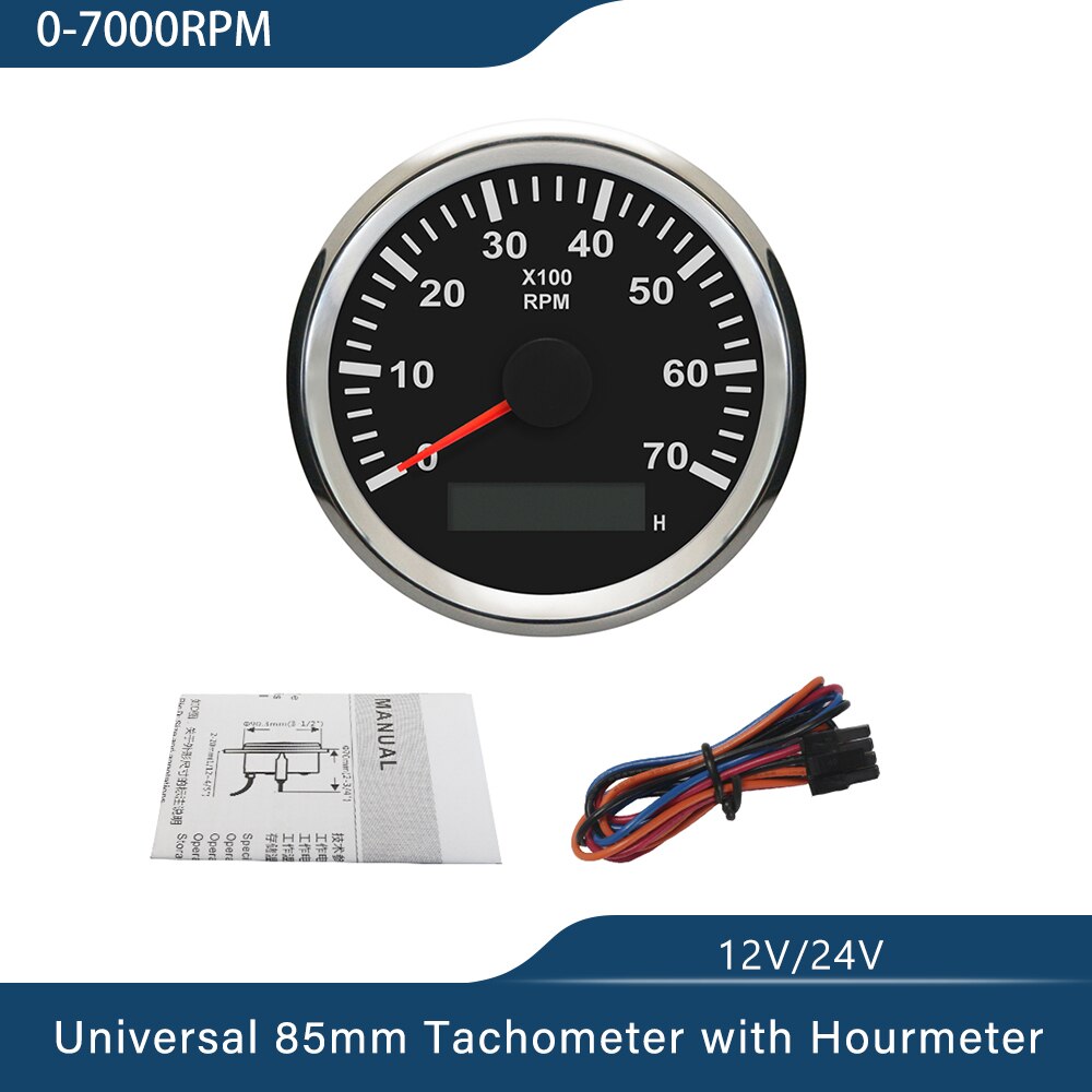 85mm Tachometer RPM REV Counter 3K 4K 6K 7K 8K RPM with LED Hourmeter Car Truck Boat Universal Outboard Red Backlight: 7K-BS