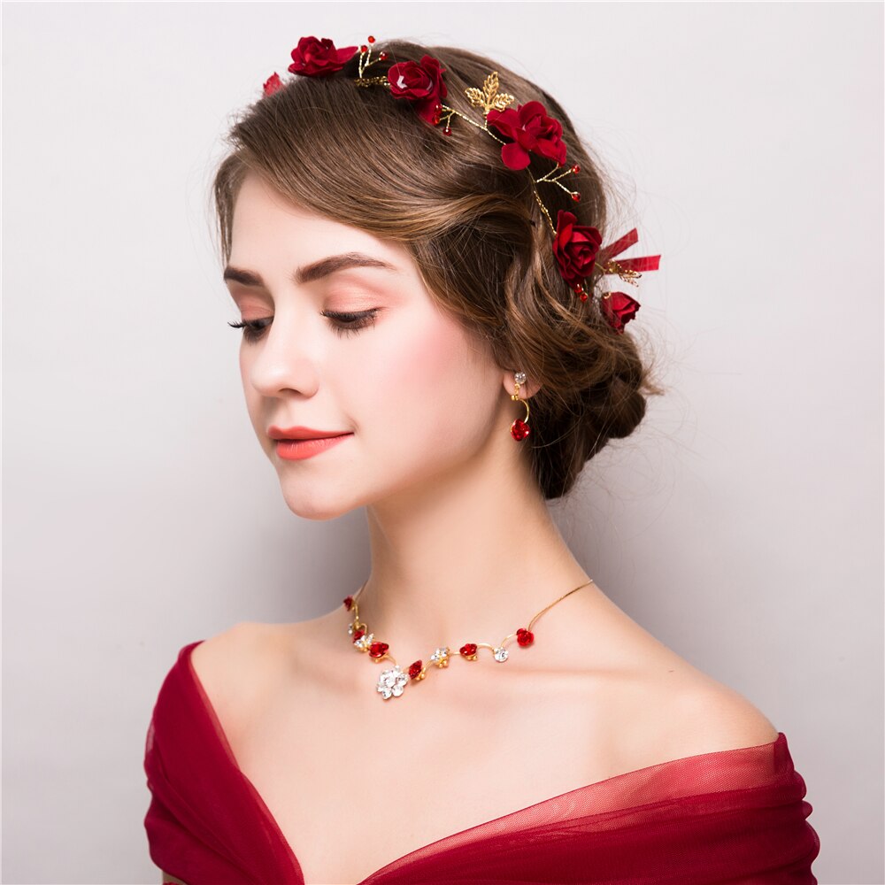 3PCS/Set Flower Jewelry Sets Red Floral Headband Bridal Wedding Headpiece Bijoux Women Party Necklace Earrings Handmade