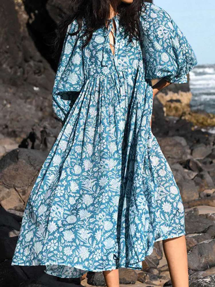 Oversized Casual Loose Dresses Women Summer Floral Printed Long Dresses Lantern Sleeve Boho Beach Dress