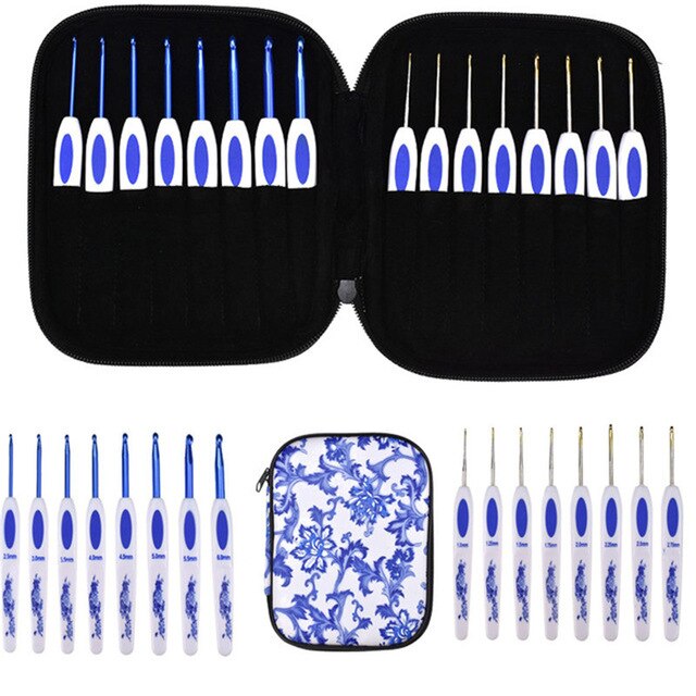 16 Uds ganchillo gancho tejer agujas 1,0-6,0mm ganchos de aluminio para tejer DIY accesorios para manualidades ganchillo gancho aguja juego caja: Blue Color
