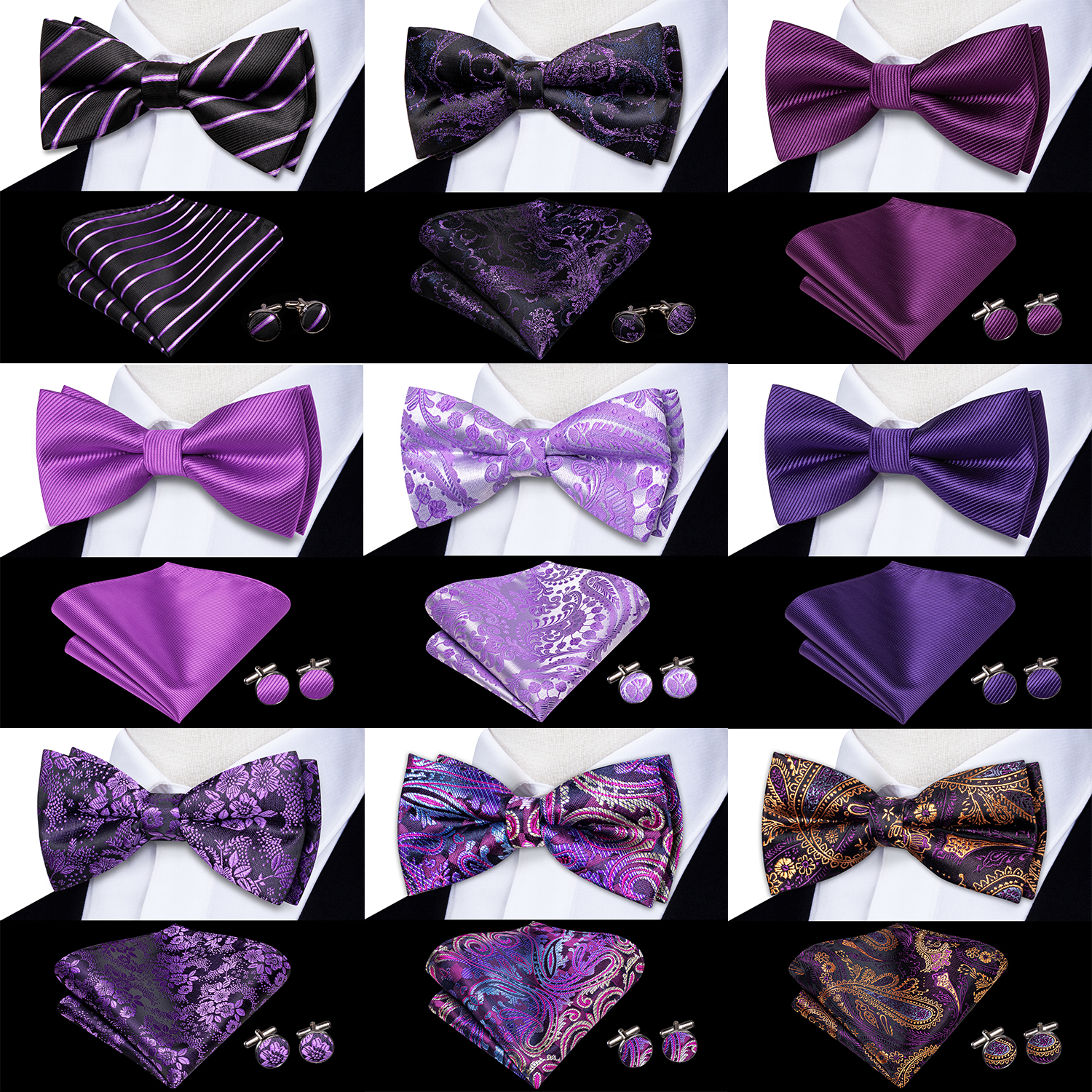 Gravata borboleta de nó masculino, Conjunto Hanky Cuffs, Pré-amarrado, Roxo, Lilás, Lavanda, Pansy, Violeta, Seda, Casamento, Negócios