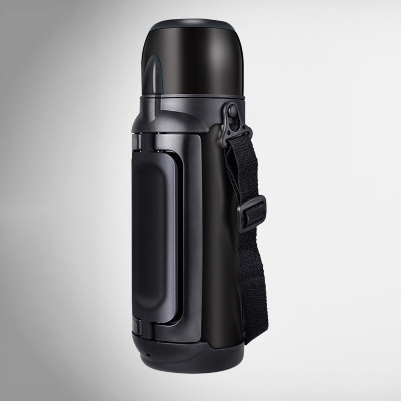 Termo de acero inoxidable de gran capacidad 1.5L / 2L para viajes al aire libre, taza de agua con personalidad, taza de vacío de aislamiento portátil: 1.5L / Black