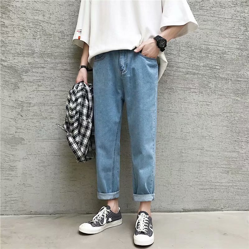 Raka jeans för män enkla solid ankellånga trendiga herrar all-match plus size 4xl fritid koreansk stil lös harajuku ulzzang: Ljusblå / S