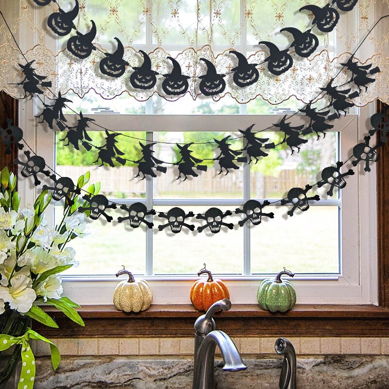 Halloween Paper String Banner Orange Pumpkin Bat Spider Skull Paper Garland Halloween Party Home DIY Hanging Bunting Decorations
