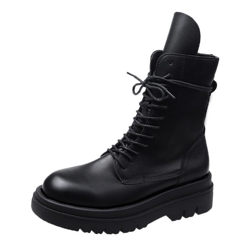 Retro støvler læder sorte støvler kvinder klumpede høje hæle snørebånd platform sko kvindelige punk stil botines mujer lynlås