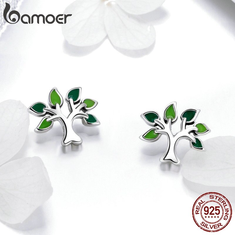 Bamoer 100% 925 Sterling Silver Tree Of Life Stud Oorbellen Boombladeren Leaf Oorbellen Voor Vrouwen Mode Zilveren Sieraden SCE409