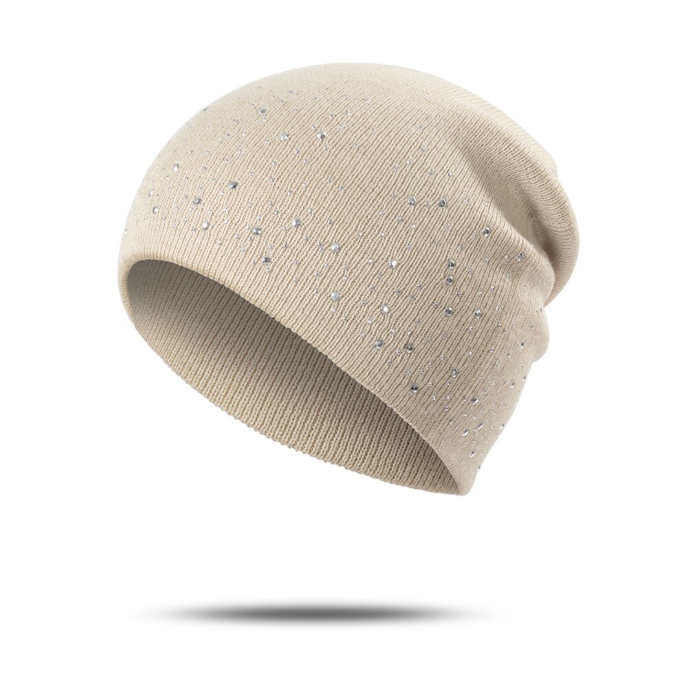 Efterår vinter strikket hat kvindelige beanies hat kvinders rhinestone motorhjelm bomuld blandinger hat afslappet solid skullies beanies