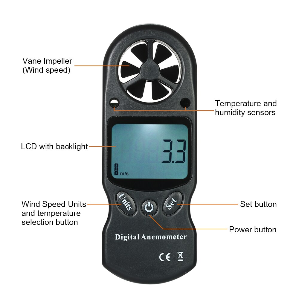 Handheld Digital Anemometer Wind Speed/Temperature/Humidity/Wind Chill/Heat Index/Dew Point/Barometric Pressure/Altitude Meter
