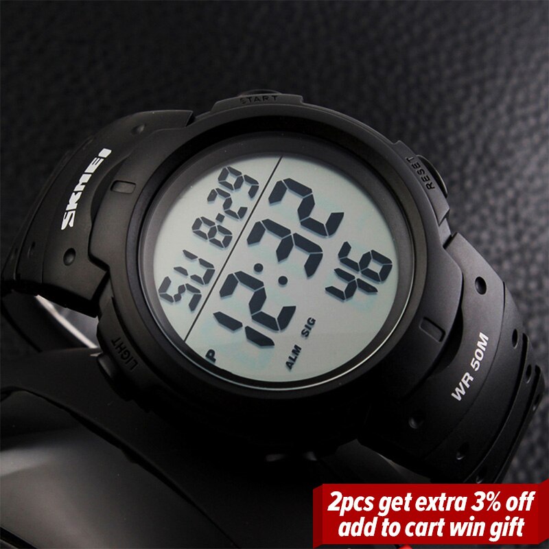 Skmei utendørs sportsklokke herre stor urskive enkle klokker kalender pu stropp 5 bar vanntett digital klokke reloj hombre 1068