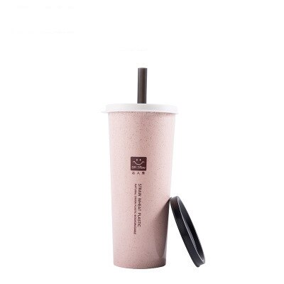 Portable Wheat Straw Cup with Straws Multi-Functional Double Lid Cola Coffee Plastic Cup Drinking Cup: pink