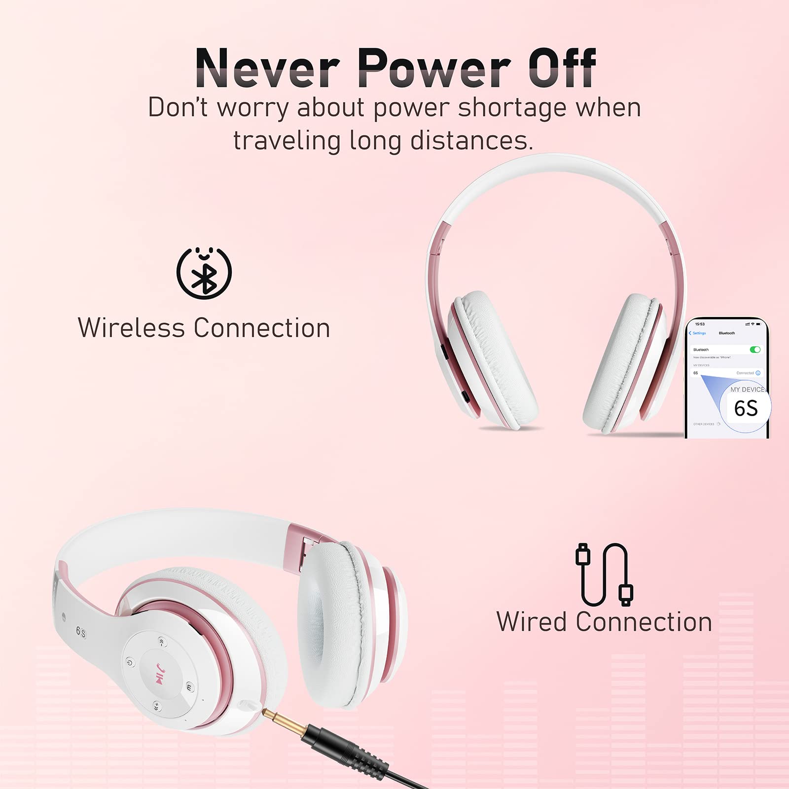 Bluetooth-Kopfhörer über Ohr, 6s faltbare kabellose Kopfhörer mit 6 eq-Modi, 40 Stunden Spielzeit Hifi-Stereo-Headset mit Mikrofon