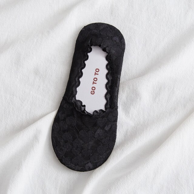 Liefde Onzichtbare Non-Show Boot Sokken Modieuze Slanke Enkelsokken Dames Katoen Onderkant Kant Jacquard Sokken Meisjes Casual Breatha: black