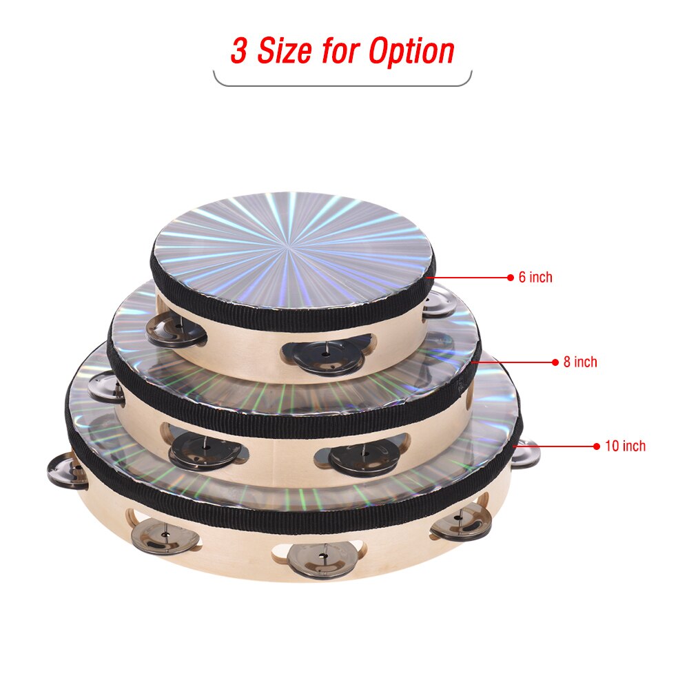 6 Inch Holz Radiant Tamburin Handbell Hand Trommel mit Einreihige Jingles Reflektierende Trommel Kopf Percussion Instrument Musikalische