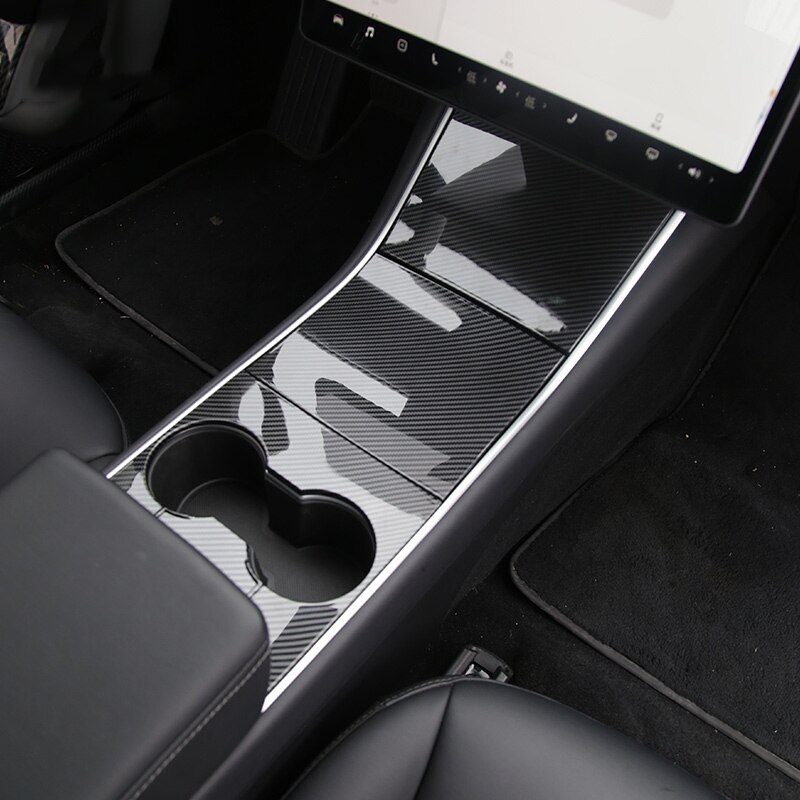 For Tesla Model 3 Car Interior Decal Matte Carbon Fiber Style ABS Center Console Cup Holder Panel Cover Trim 4PCS/SET