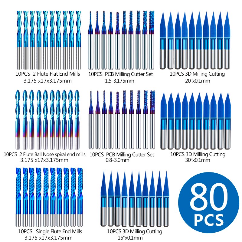 XCAN End Mill Engraving Bits Set Nano Blue Coated CNC Router Bits Cutting Milling Cutter 1/8" Shank Carbide Milling Tools
