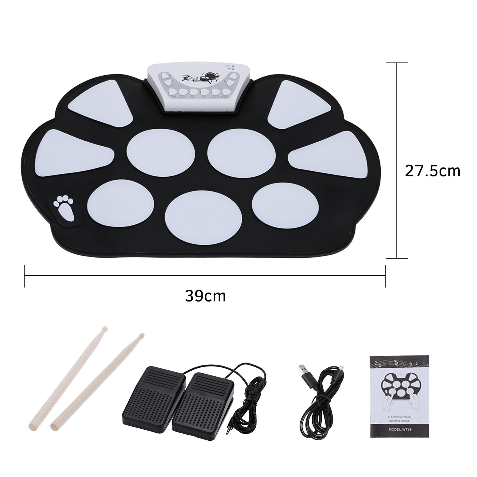 A Series of USB Roll-Up Silicon Drum Set Digital Electronic Drum Kit 7 Drum Pads with Drumsticks Foot Pedals for Beginners: Type D