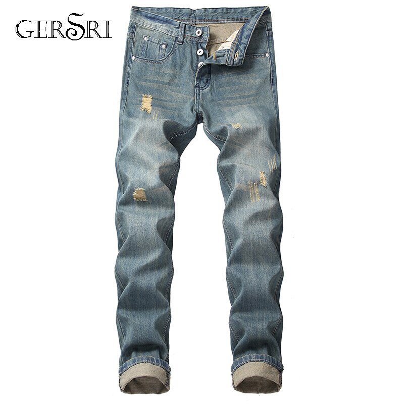 Gersri Men Holes Jeans European High Street Destroyed Jeans Men Hip Hop Ripped Slim Jeans Pants