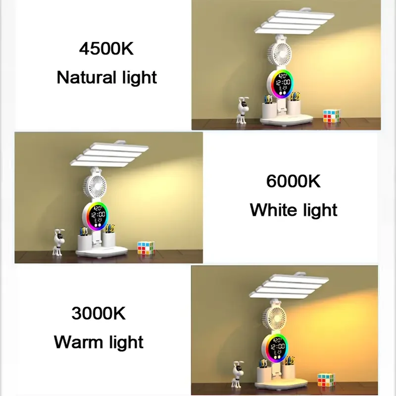 Multifunktionale LED-tischleuchte mit vier leuchten, faltbar, mit Ventilator, kalender und uhr, usb-aufladbar, schreibtischlampe, leselampe und nachtlicht