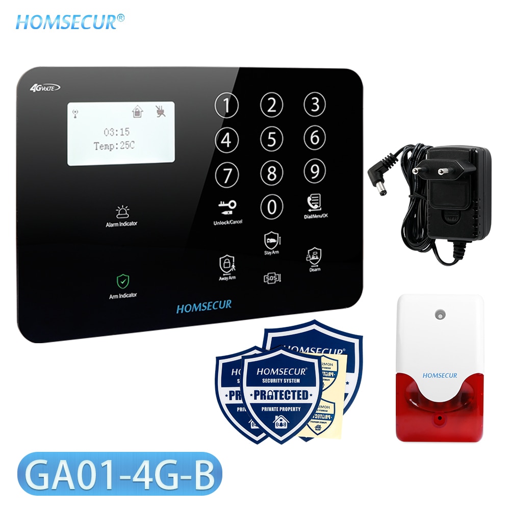 HOMSECUR DIY Wireless&wired 4G/GSM LCD Burglar Intruder Alarm System+IOS/Android APP for Home Security GA01-4G-B/W