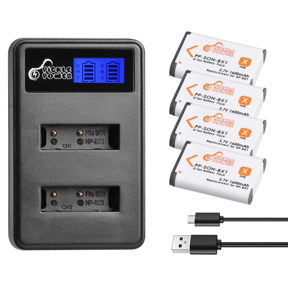 Caricatore doppio di USB dell&#39;affissione a cristalli liquidi della batteria di 1600mAh NP-BX1 NP BX1 per Sony FDR-X3000R RX100 AS100V AS300 HX400 HX60 AS50 WX350 AS300V ZV-1: 4  Battery 1 Charger