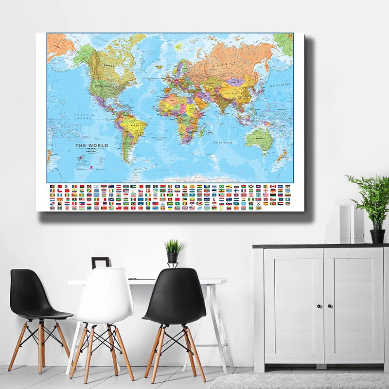 150x100cm The World Political Map with National Flags Foldable Canvas Painting Wall Poster Classroom Home Decor School Supplies