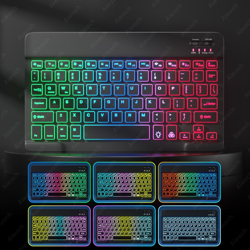 Teclado inalámbrico retroiluminado para iPad, compatible con Bluetooth, Samsung, Xiaomi, Huawei, Apple Phone, Laptop, Tablet: Rainbow Black