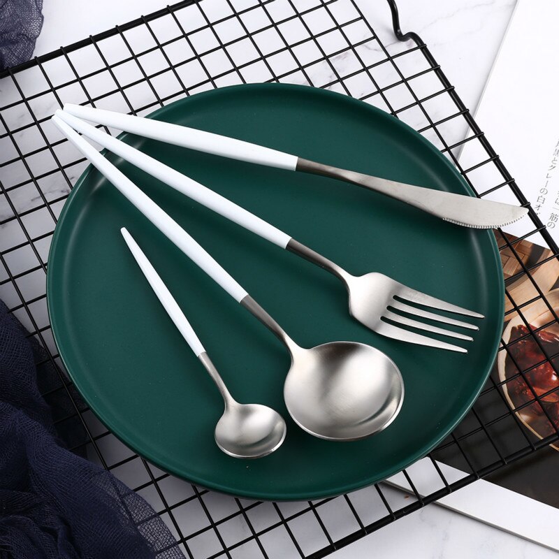 Blanc argent acier inoxydable ensemble de couverts couteau cuillère fourchette cuisine vaisselle Steak couverts maison vaisselle haut de gamme Service de dîner