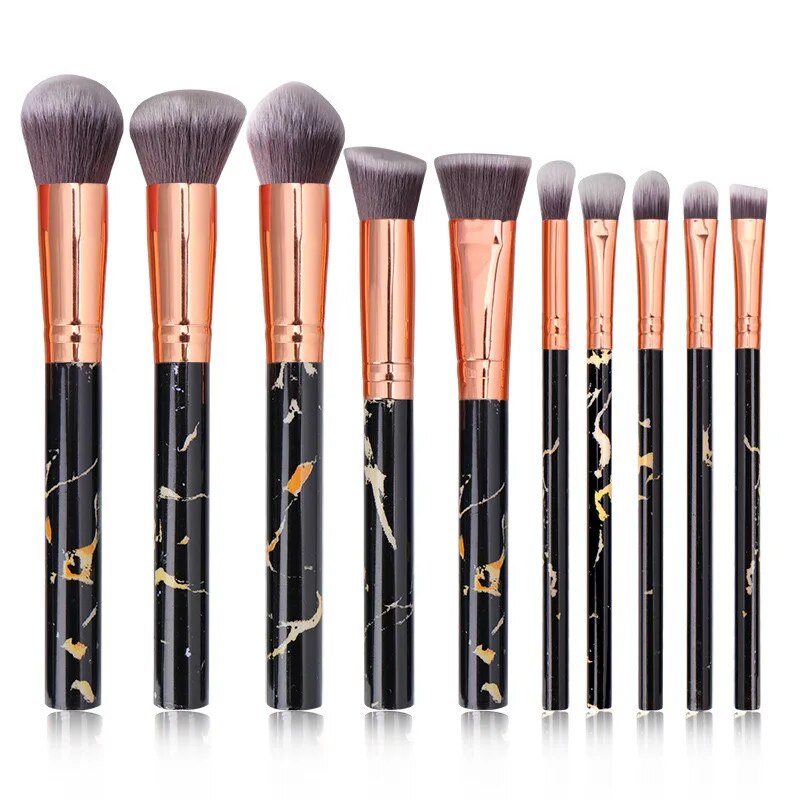10 Uds. Brochas de maquillaje de mármol, base Kabuki sintética Premium, mezcla de polvos faciales, colorete, correctores, brochas para sombras de ojos: Negro