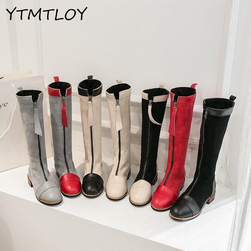 Bottes de créateur en cuir à genoux pour femmes, à bout rond, longues, épaisses, bloc, à talons hauts, noir, Beige