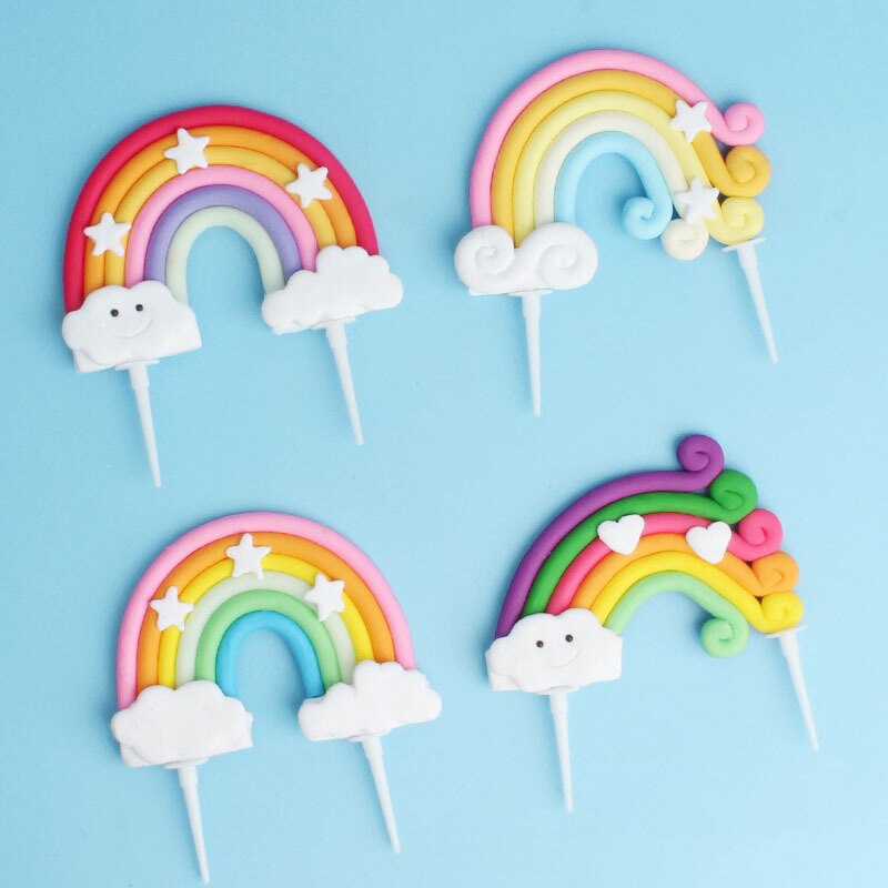1pc Large Polymer clay Rainbow Cloud Cake Topper Birthday Party Wedding Cake Decorations Baby Shower Party Bake Flags