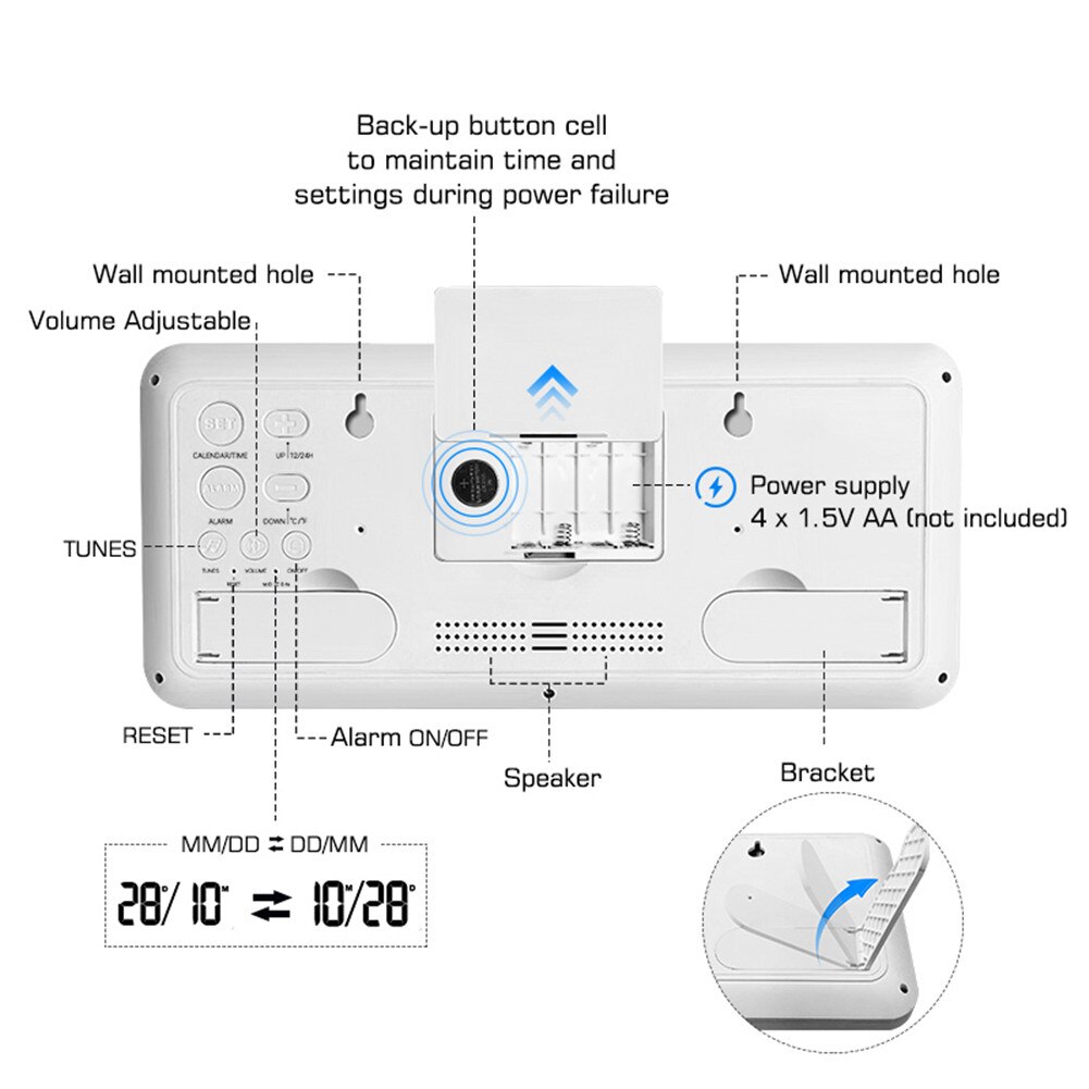 Digital Wall Clock, Desk Clock, Auto Time Self Setting Alarm Clock, Auto Time Changing, Number Clock Date Temperature Display