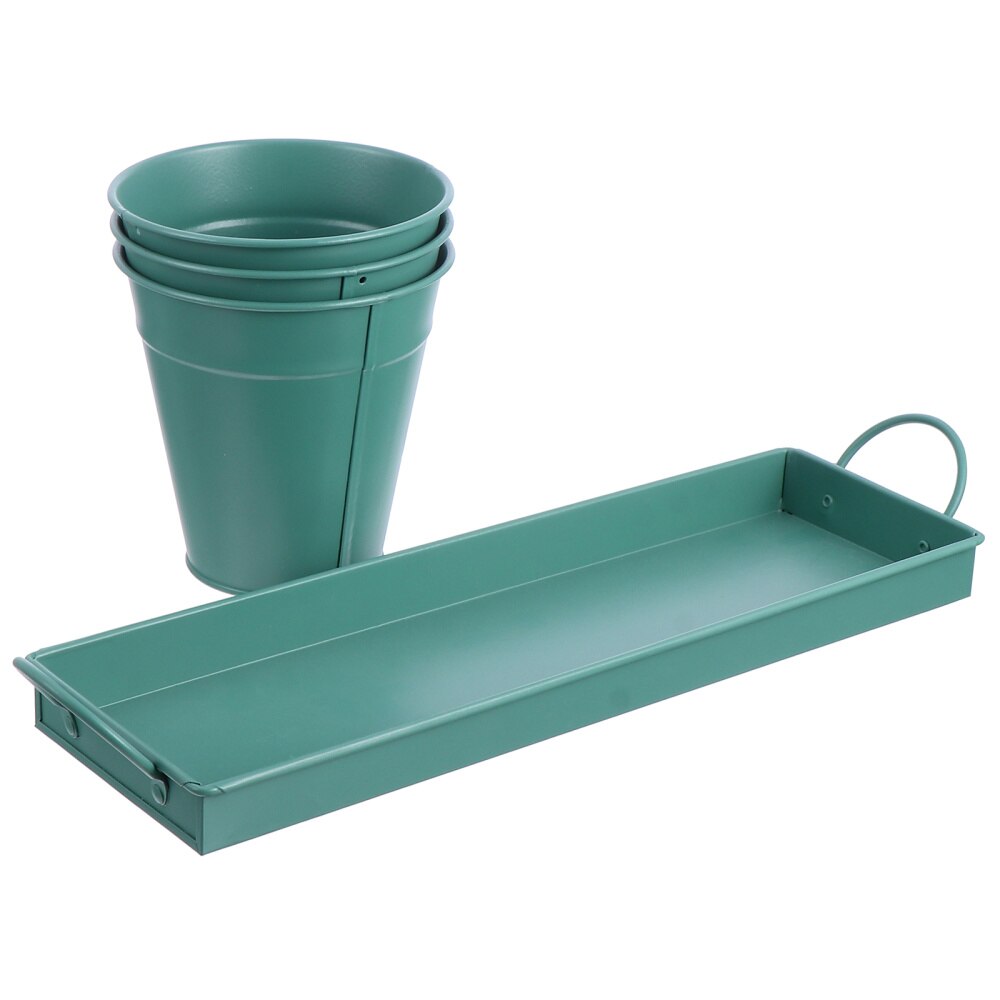 3pc Flower Iron Bucket Planter Pot with Tray Retro Flower Buckets Succulents Pot: Green