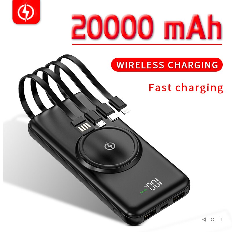20000 mah qi-wireless-powerbank, tragbares ladegerät mit digitalanzeige, externer akku, 4 usb-anschlüsse, kompatibel mit iphone und xiaomi.