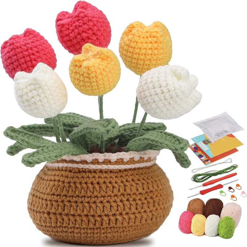 Kit de punto de ganchillo en maceta de flores para principiantes completos, principiantes, tutorial de Video paso a paso: Verde oscuro