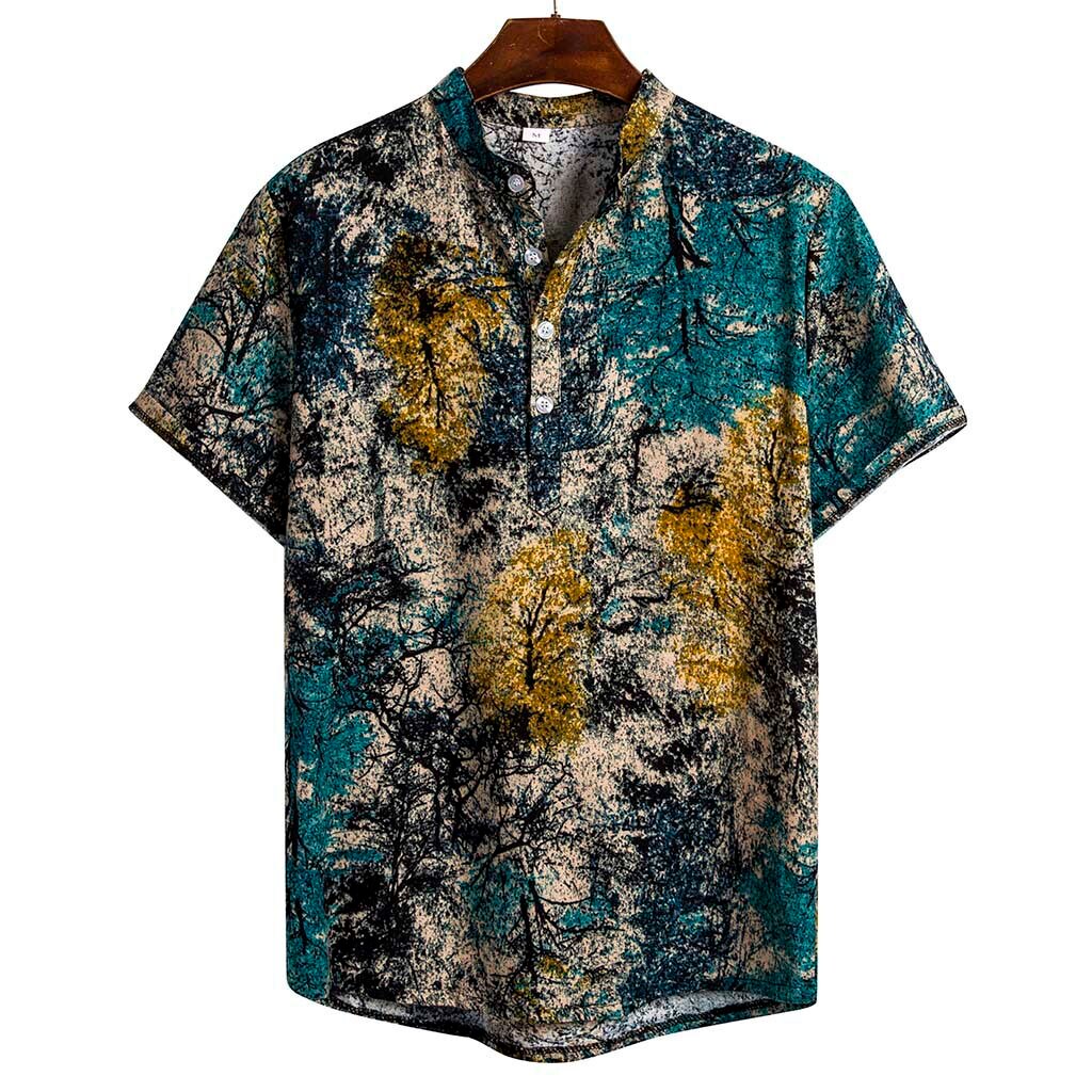 Mens Ethnic Short Sleeve Casual Cotton Linen Printing Hawaiian Shirt Blouse Men Shirts Loose Plus Size Tops