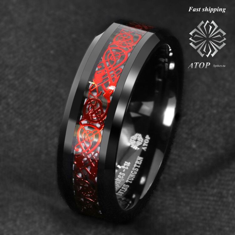 Anneau de tungstène noir 8mm anneau de fibre de carbone noir Dragon celtique rouge au sommet des bijoux
