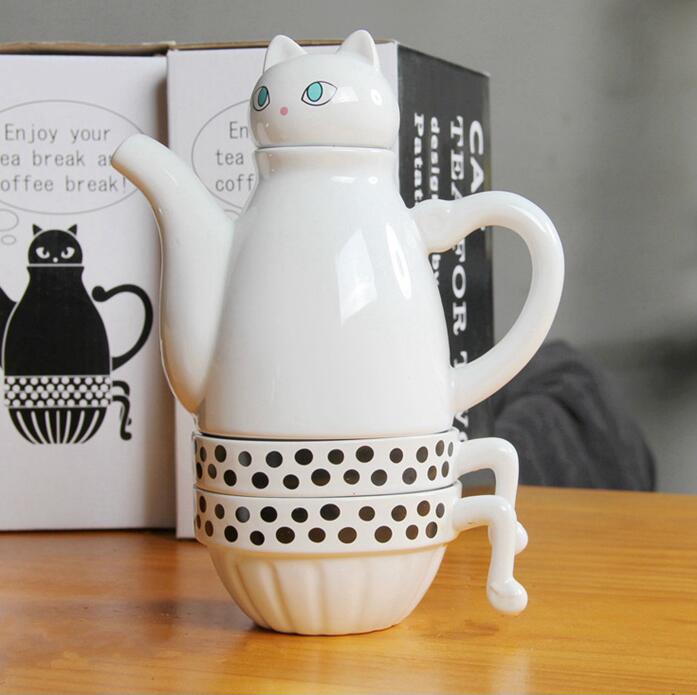 Teteras de gatos japoneses, juegos de café bonitos, tetera creativa de dibujos animados, Taza de cerámica para el hogar, tazas de leche, tetera japonesa, 1 tetera, 2 tazas: Blanco