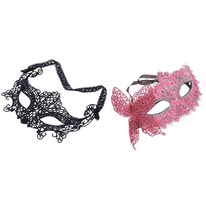 2x Sexy Vrouwen Kant Masker Venetiaanse Maskerade Bal Party Carnaval Gezicht, Oog (Roze & Zwart)