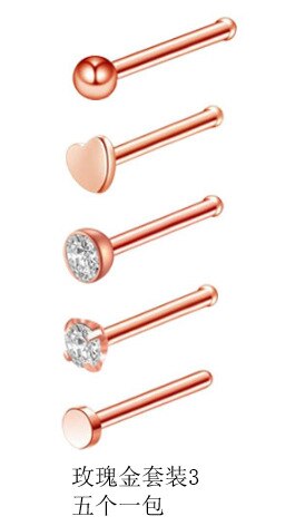 5 Pcs Chirurgisch Staal Hart Ster Zirkoon Neus Schroef Ring L Rose Gold Nose Stud Retainer Houder Piercing Body Sieraden 20G