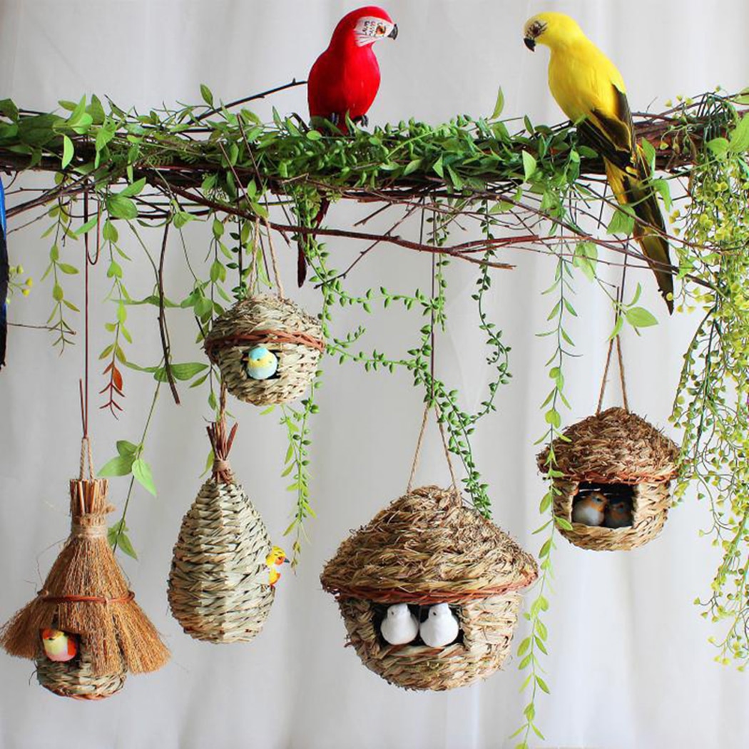 1PC Natural Khaki Straw Bird Nest Handmade Birdhouse Parrot Hanging Cave Woven Bird Cage Home Yard Decoration Small Pet Supplies