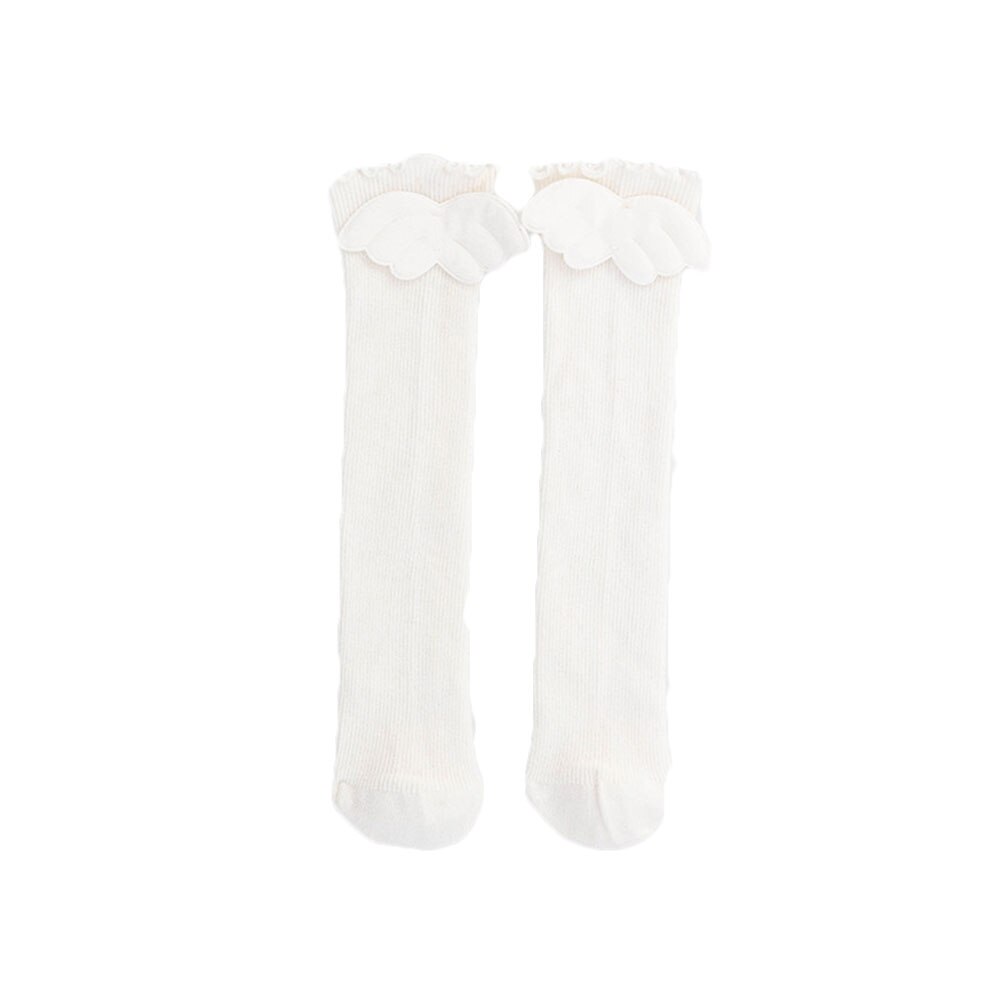 Enfants filles bas couleur unie coton Long Tube chaussettes pour filles belle -né enfants fille côtelé bas avec des ailes 1-8Y: WHITE