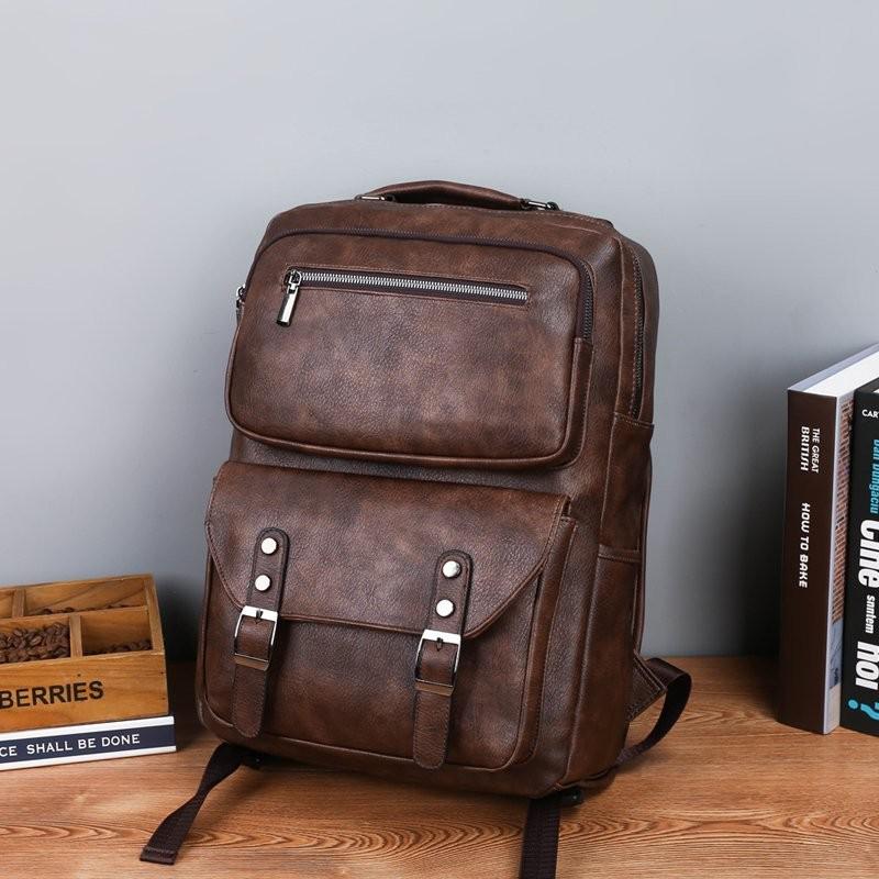 Mochila Vintage de cuero Pu para hombre, morral de viaje de negocios para ordenador portátil, de gran capacidad bolso de hombro, mochilas escolares para estudiantes: Brown