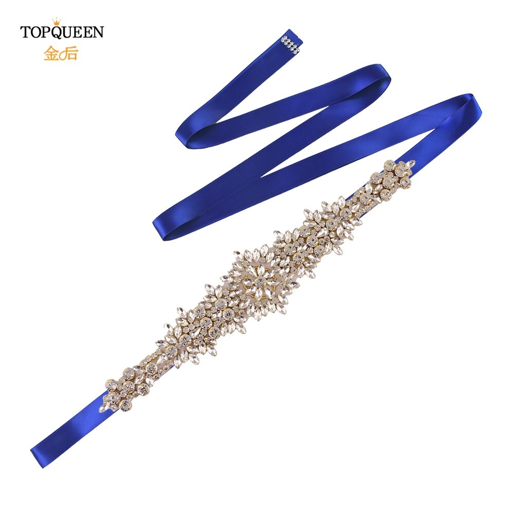 TOPQUEEN-cinturones para vestidos de novia de talla grande S319-G, cinturones dorados para mujer, cinturón de diamantes de imitación, cinta de lujo para novia, faja de boda: Royal Blue ribbon