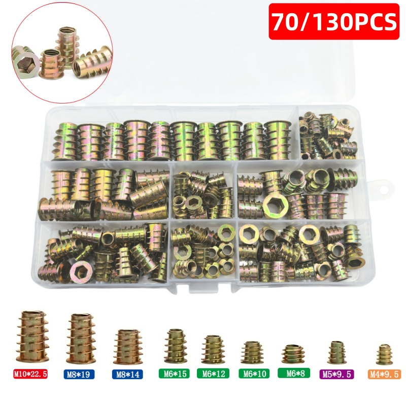 Inserts filetés 70/130, ensembles d'outils combinés d'écrous pour meubles en bois, meubles en alliage de zinc, connecteurs de fixation de boulons.