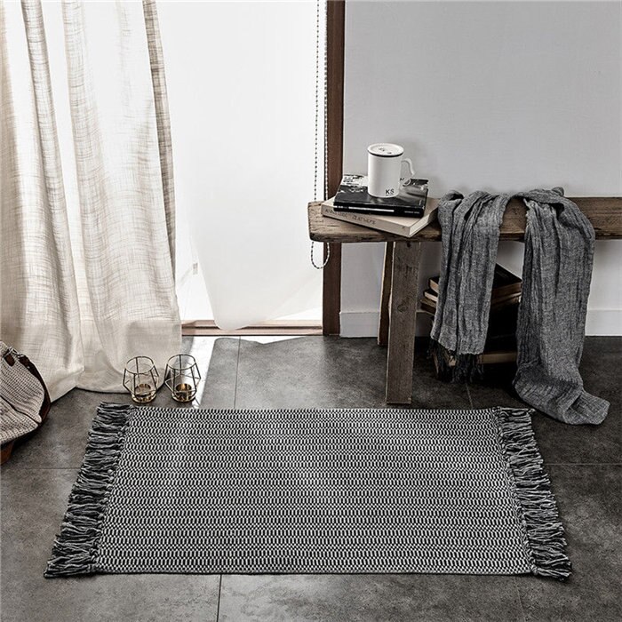 Grau Baumwolle Und Leinen Quaste gewebte Teppich nordisch Schlafzimmer Nacht matt Hand Geknüpfte Teppich Einfache Möbel Abdeckung: 2 / 60x90cm