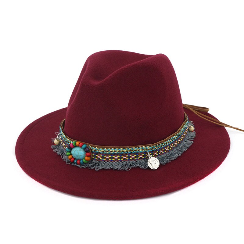 Women Jazz Caps Hats Bohemia Style Woolen Hats for Spring Summer Beach MC889: wine red