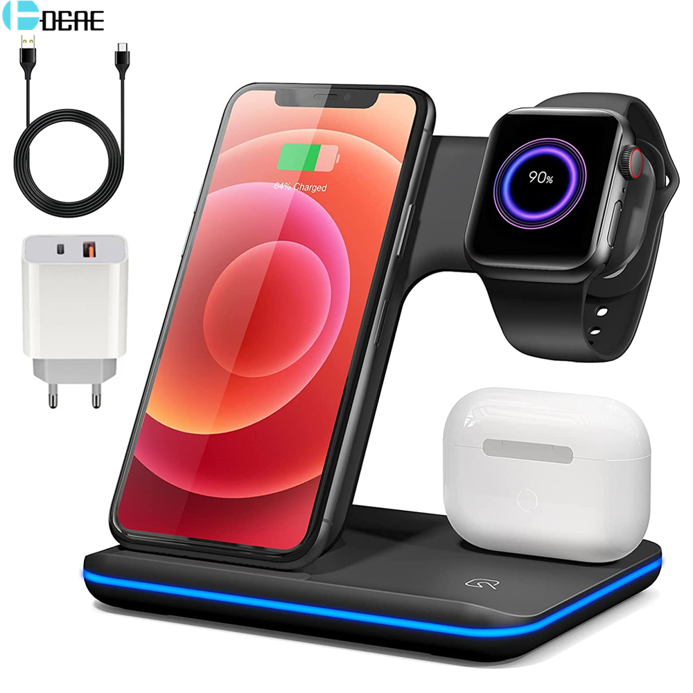 DCAE Qi Fast Wireless Charger Stand 3 in 1 Charging Station 15W Pad Dock for Apple Watch 7 AirPods Pro iPhone 13 12 11 XS XR X 8