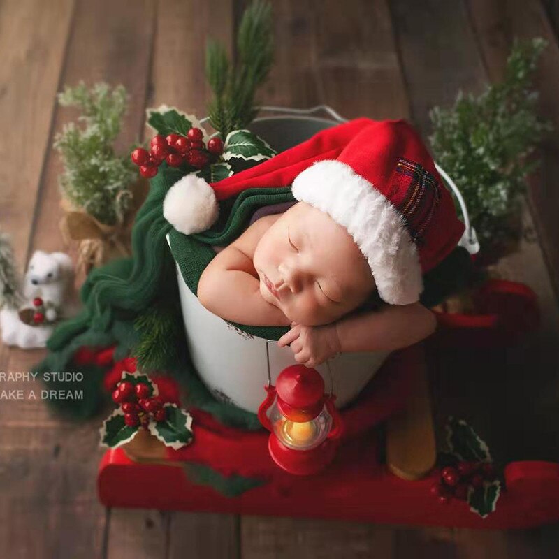 Jul baby rekvisita trä röd släde nyfödd jul outfit byxor hatt kudde uppsättning rekvisita för fotografi tillbehör pojke flicka
