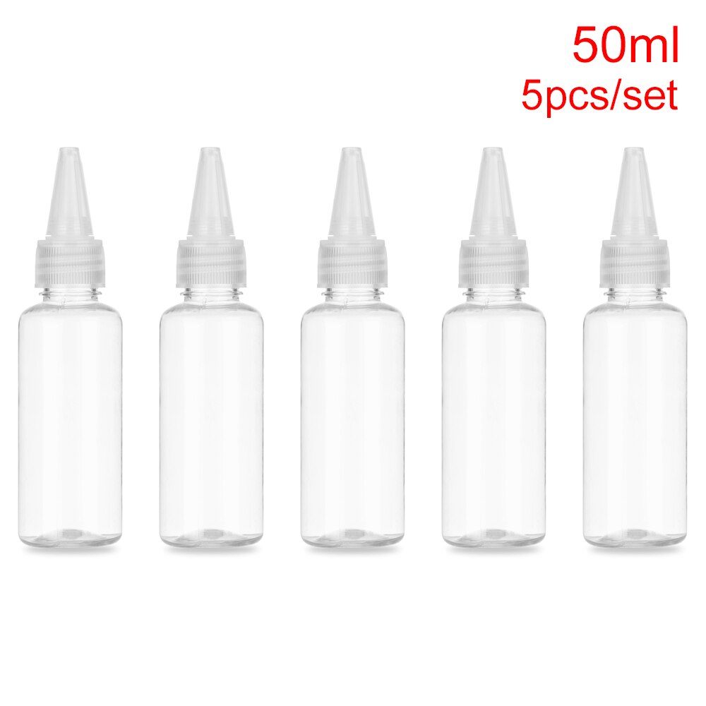 5 stk/sæt 10-250ml tomme dråbeflaske med børnesikret låg plastdyse dråbehætte nyttig bærbar genopfyldelig klemflaske: 50ml