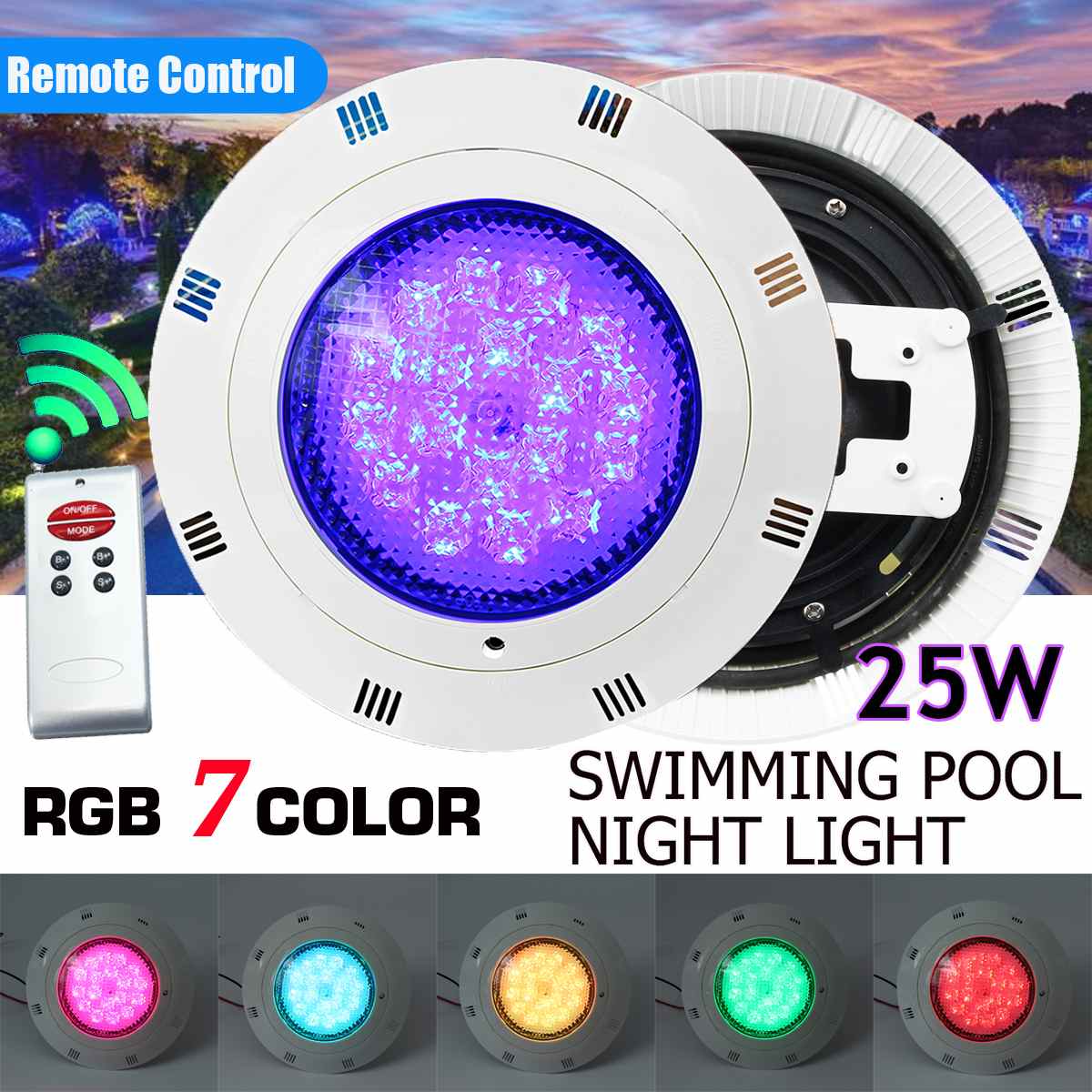 25W RGB Led Swimming Pool Light w Remote Control IP68 Waterproof AC12V RGB Outdoor Underwater Submersible Light Pond Spotlight